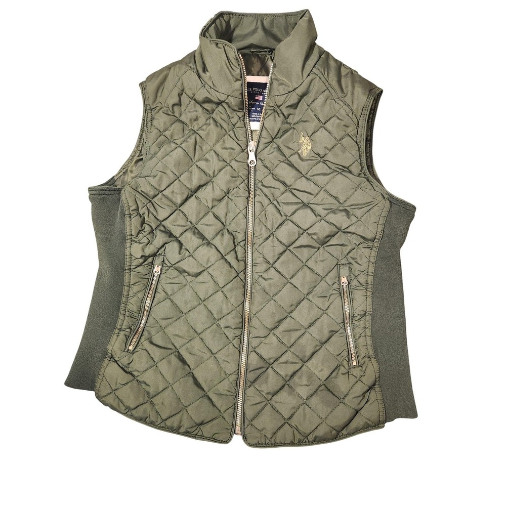 U.S. Polo Assn Vest Womens Medium Green Quilted Puffer Zip Pockets Logo
